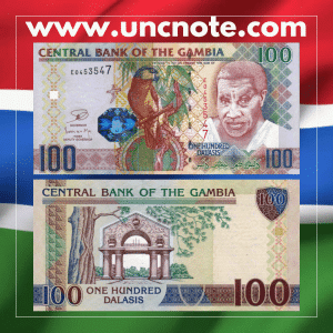 Gambia 100 Dalasis 2013 banknote, front with Yahya Jammeh; back with women harvesting rice in the fields.