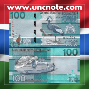 Gambia 100 Dalasis 2019 banknote, front with Guineafowl; back with rice farmers harvesting in the fields.