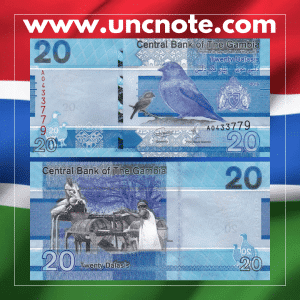 Gambia 20 Dalasis 2019 banknote, front featuring Sir Dawda Jawara; back showing peanut harvesting scene.