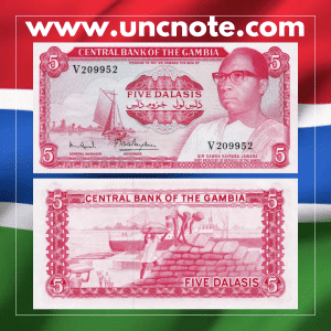 Gambia 5 Dalasis 1972–1986 banknote, front with Sir Dawda Jawara; back with fishing scene and boats.