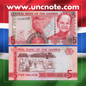 Gambia 5 Dalasis 2013 banknote, front with Sir Dawda Jawara; back with farmer harvesting groundnuts.