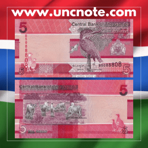 Gambia 5 Dalasis 2020 banknote, front featuring Sir Dawda Jawara; back with groundnut harvesting scene.