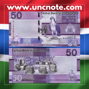 Gambia 50 Dalasis 2019 banknote, front with Sir Dawda Jawara; back with fishermen in a boat.