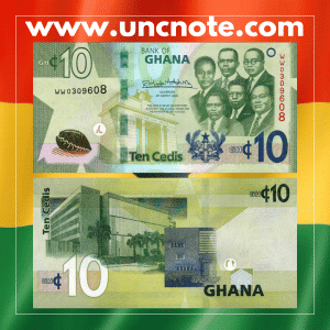 Ghana 10 Cedis 2022 polymer note. Obverse shows the Big Six leaders, reverse depicts the Bank of Ghana building in Accra.