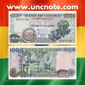 Ghana 1,000 Cedis 1996 banknote, multicolor. Obverse shows Kwame Nkrumah, reverse depicts the Akosombo Dam.