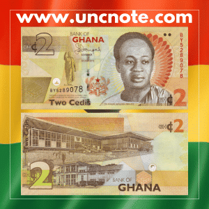 Ghana 2 Cedis 2015 banknote, green tones. Obverse shows The Big Six, reverse features Akosombo Hydroelectric Dam.