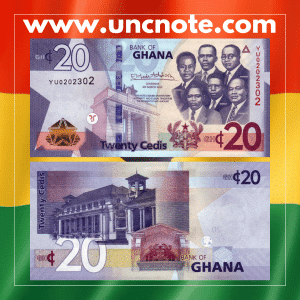 Ghana 20 Cedis 2022 polymer note. Obverse shows the Big Six leaders, reverse depicts the University of Ghana building at Legon.