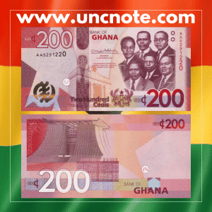 Ghana 200 Cedis 2019 polymer note. Obverse shows the Big Six, reverse depicts the Ghana National Theatre in Accra.