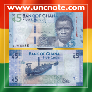 Ghana 5 Cedis 2017 commemorative banknote, blue tones. Obverse shows Dr. James Kwegyir Aggrey, reverse features a tro-tro minibus.