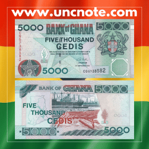 Ghana 5,000 Cedis 2002 banknote, multicolor. Obverse shows Kwame Nkrumah, reverse depicts the Akosombo Dam.
