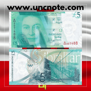 Gibraltar 5 Pounds 2020 polymer banknote, green-blue. Obverse with Queen Elizabeth II, reverse with Barbary macaques.