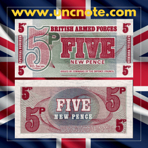 Great Britain 5 New Pence 1972 banknote, British Armed Forces military payment voucher, blue and green guilloche design with denomination 5.