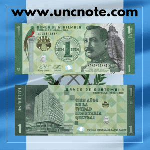 Guatemala 1 Quetzal 2024 banknote, front with José María Orellana and quetzal bird; reverse with Temple I in Tikal.