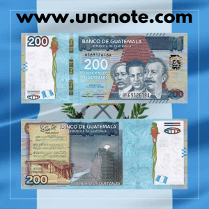 Guatemala 200 Quetzales 2020 banknote, obverse with José María Orellana; reverse with Mayan archaeological motifs.