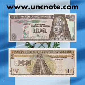 Guatemala 50 Centavos de Quetzal 1989 banknote, obverse with national figure; reverse with cultural or natural motifs.
