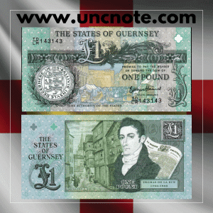 Guernsey 1 Pound 2013 banknote, obverse with Queen Elizabeth II; reverse with Guernsey landmarks and cultural motifs.