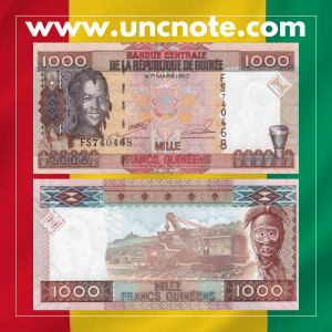 Guinea 1000 Francs 2006 banknote, obverse with Guinean woman in traditional dress; reverse with agricultural motifs.