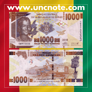 Guinea 1000 Francs 2018 banknote, obverse with Guinean woman in traditional dress; reverse with agricultural motifs.