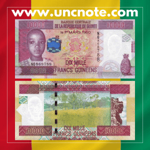 Guinea 10,000 Francs 2012 banknote, obverse with Guinean woman in traditional dress; reverse with industrial motifs.