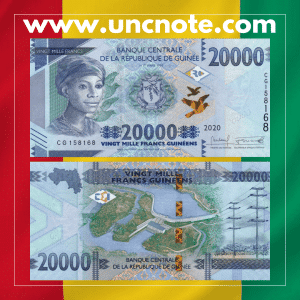 Guinea 20,000 Francs 2020 banknote, obverse with Guinean woman in traditional dress; reverse with industrial motifs.