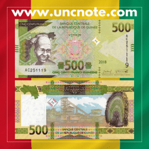 Guinea 500 Francs 2018 banknote, obverse with Guinean woman in traditional dress; reverse with agricultural themes.