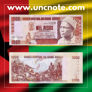 Guinea-Bissau 1000 Pesos 1993 banknote, obverse with Amílcar Cabral; reverse with agricultural and fishing scenes.