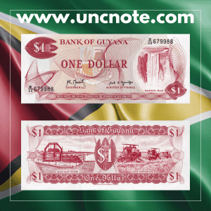 Guyana 1 Dollar 1992 banknote, obverse with President Forbes Burnham; reverse with rivers and tropical forest scenery.