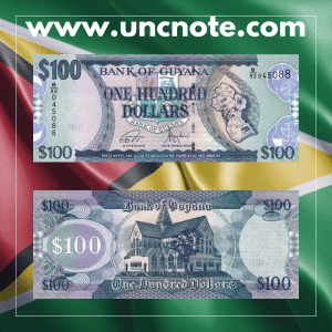 Guyana 100 Dollars 2022 banknote, obverse with President Irfaan Ali; reverse with iconic landscapes and native flora and fauna.