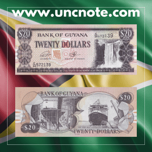 Guyana 20 Dollars 2016 banknote, obverse with President Forbes Burnham; reverse with iconic landscapes and native flora and fauna.