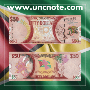 Guyana 50 Dollars 2016 banknote, obverse with President Forbes Burnham; reverse with wildlife and natural scenery.
