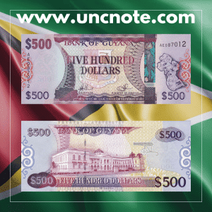 Guyana 5 Dollars 1996 banknote, obverse with President Forbes Burnham; reverse with local wildlife and natural scenery.