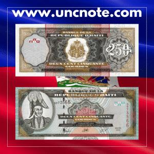 Haiti 250 Gourdes 2003 banknote, obverse with Jean-Jacques Dessalines; reverse with Fort de Joux commemorating Haiti’s independence.