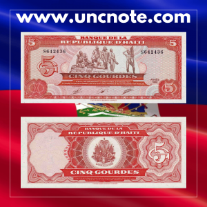 Haiti 5 Gourdes 1989 banknote, obverse with King Henri Christophe; reverse with the Citadelle Laferrière fortress.