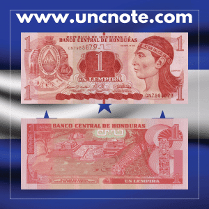 Honduras 1 Lempira 2022 banknote, obverse with Lempira portrait; reverse with Banco Central de Honduras building in Tegucigalpa.