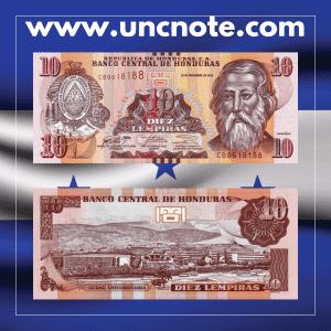 Honduras 10 Lempiras 2016 banknote, obverse with José Trinidad Reyes; reverse with the National Autonomous University of Honduras (UNAH)