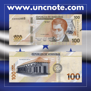 Honduras 100 Lempiras 2022 polymer banknote, obverse with José Cecilio del Valle; reverse with Central Bank building and education motifs