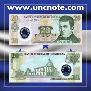 Honduras 20 Lempiras 2008 banknote, obverse with Dionisio de Herrera; reverse with the Presidential Palace in Tegucigalpa.
