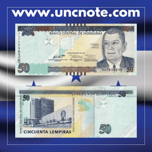 Honduras 50 Lempiras 2016 banknote, obverse with allegorical Liberty portrait; reverse with Banco Central de Honduras building in Tegucigalpa