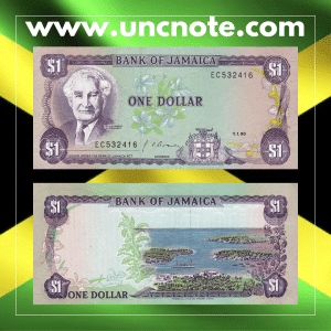 Jamaica 1 Dollar 1990 banknote, obverse with Sir Donald Sangster; reverse with tropical flora and fauna.