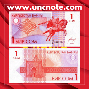 Kyrgyzstan 1 Som 1993 banknote, obverse with state emblem; reverse with traditional Kyrgyz patterns.