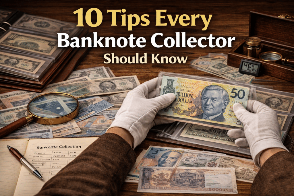 banknote collector inspecting and organizing world banknotes collection