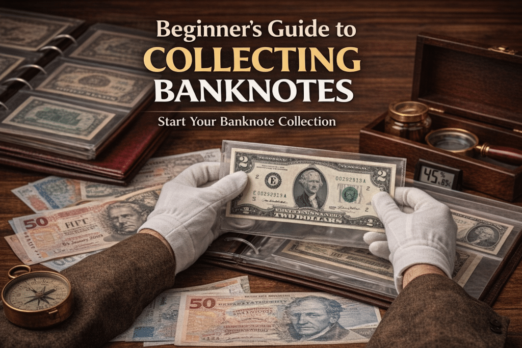 beginner collecting banknotes with gloves and protective sleeves