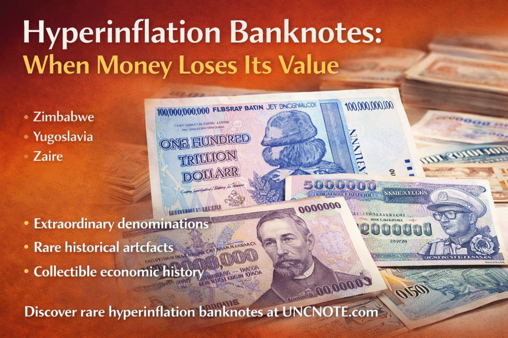 hyperinflation banknotes with extremely high denominations from Zimbabwe and Yugoslavia