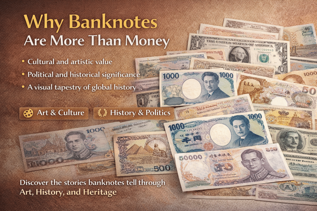 world banknotes showing art culture and history in currency design